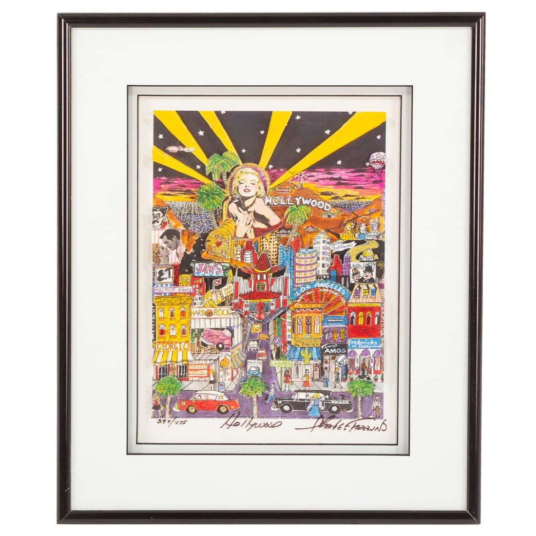 Charles Fazzino. "Hollywood," 3-D collage: (American, b. 1955) 3-D collage, ed. 397/475, signed "Charles Fazzino" lr, image size: 9 x 6 1/2 in., framed size: 13 1/4 x 11 in. Provenance: From a private Maryland collection