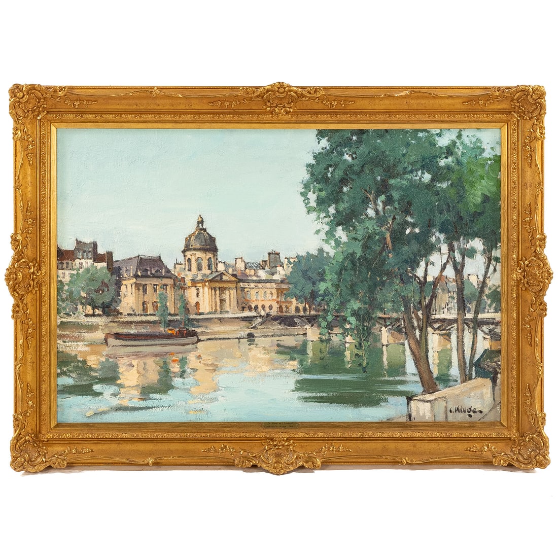 Constantin Kluge. "La Seine et L'Institut," oil: (Latvian, 1912-2003) Oil on canvas, signed "C. Kluge" lr, titled on verso, sight size: 24 x 36, framed size: 30 1/4 x 42 1/2 in.