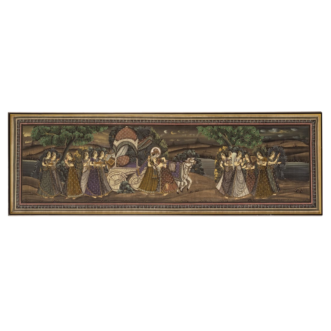 Mughal School. Procession Scene, gouache: 19th century, gouache on fabric, sight size: 21 1/2 x 87 3/4 in., framed size: 22 1/2 x 69 1/4 in. Provenance: From a private Maryland collection