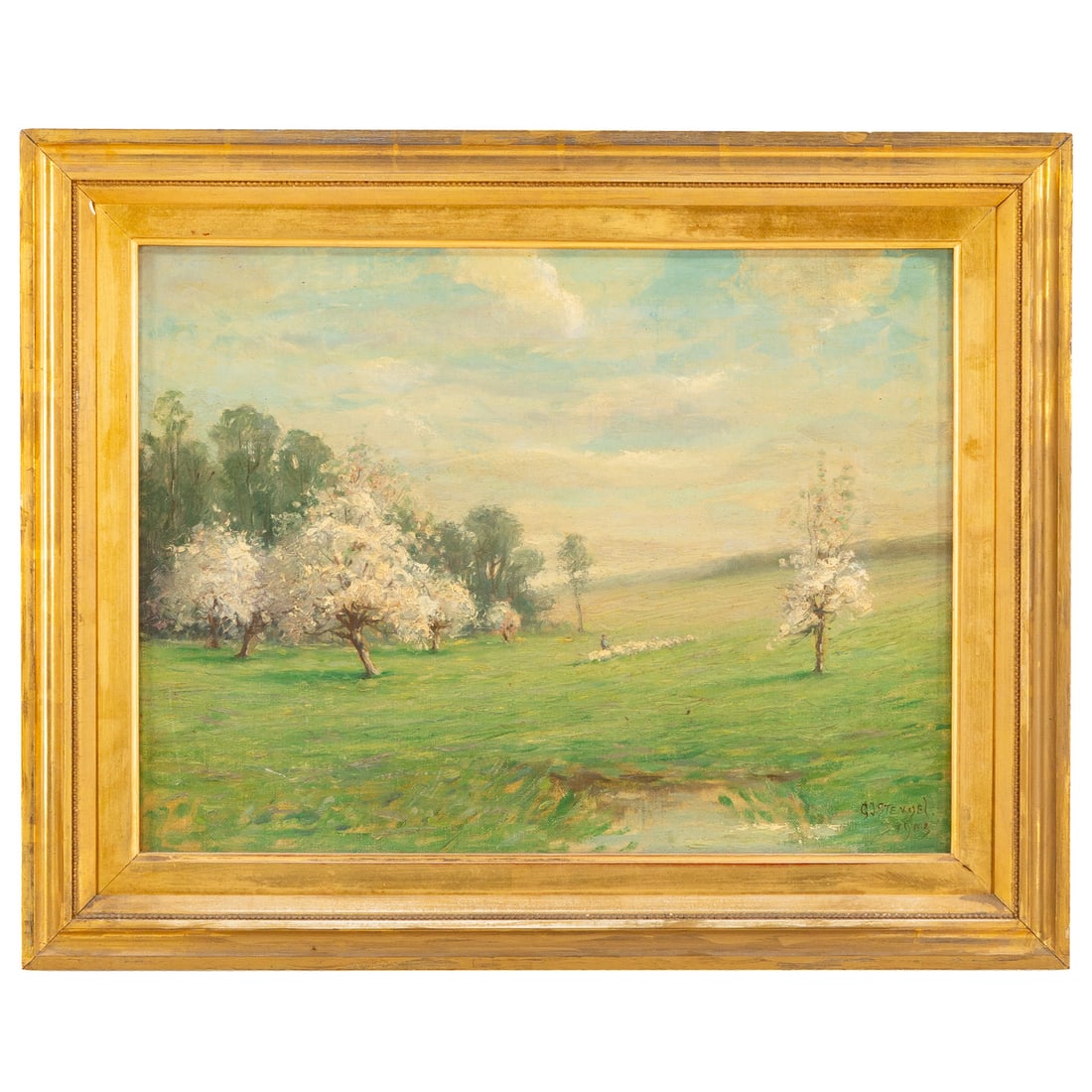 George J. Stengel. Spring Landscape, oil: (American, 1872-1937) Oil on canvas, signed and dated "GJ. Stengel, 1903" lr, sight size: 12 1/4 x 16 in., framed size: 16 x 20 1/4 in. Provenance: From a private Maryland collection