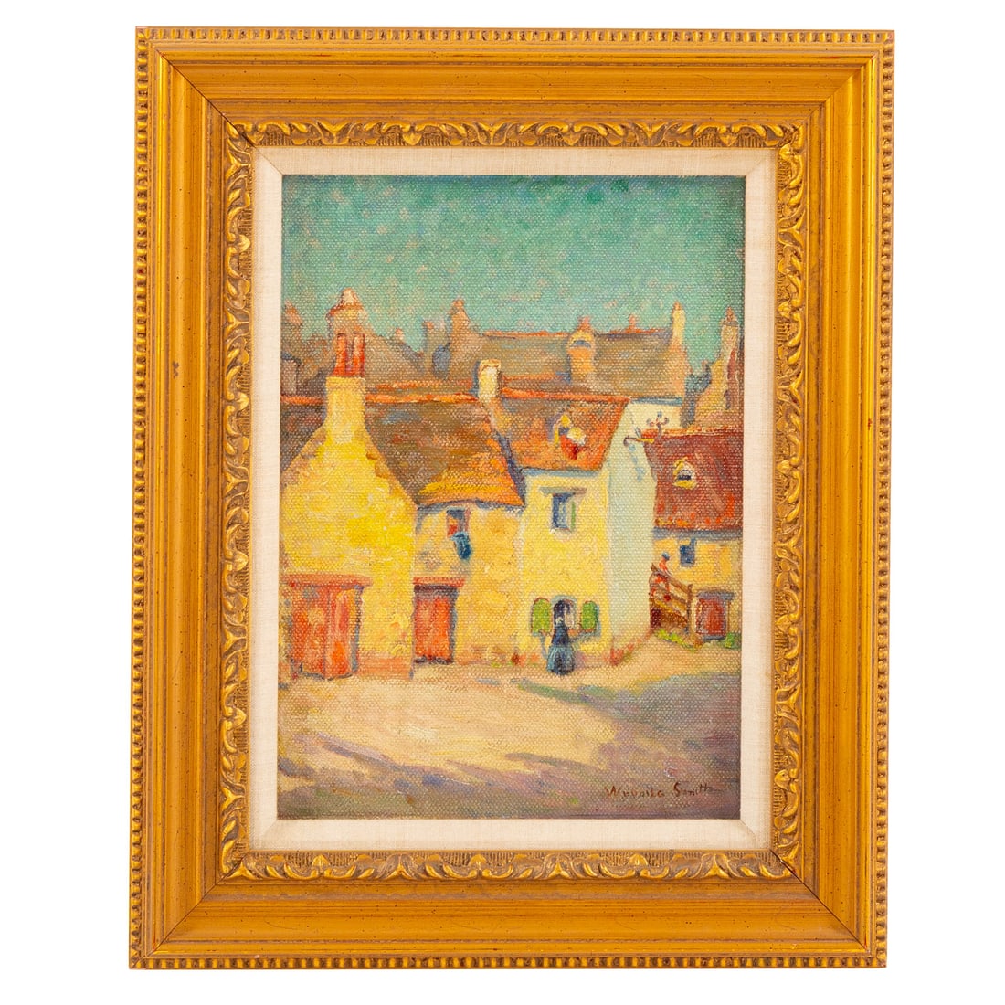 Attributed to Wuanita Smith. "Coin d'Oro Brittany," oil: Oil on canvas board, signed "Wuanita Smith" lr, titled on verso, sight size: 12 3/4 x 9 1/2 in., framed size: 18 1/4 x 15 in. Provenance: From a private Maryland collection, partial exhibition label
