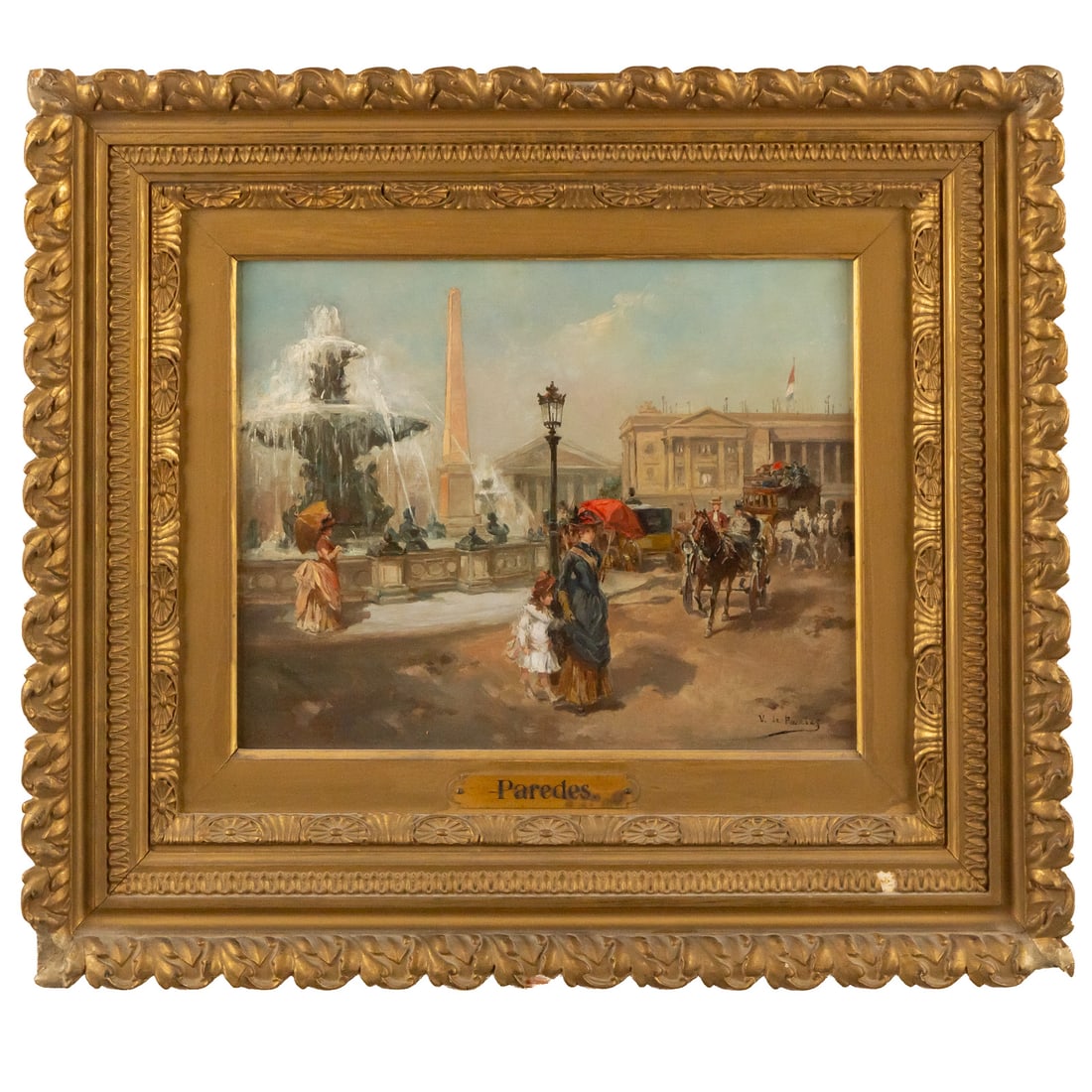 Vincente de Paredes. View of a Paris Square, oil: (Spanish, 1845-1903) Oil on panel, signed "V. de Paredes" lr, sight size: 8 1/2 x 10 1/2 in., framed size: 15 x 17 1/4 in. Provenance: From a private Maryland collection