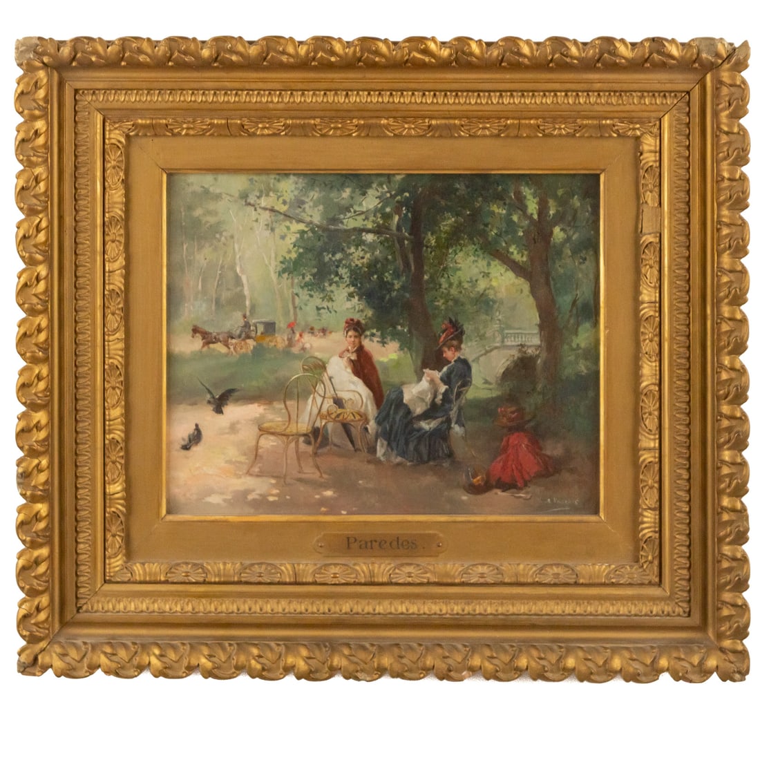 Vincente de Paredes. A Day at the Park, oil: (Spanish, 1845-1903) Oil on panel, signed "V. de Paredes" lr, sight size: 8 1/2 x 10 1/2 in., framed size: 15 x 17 1/4 in. Provenance: From a private Maryland collection, Purnell Galleries,