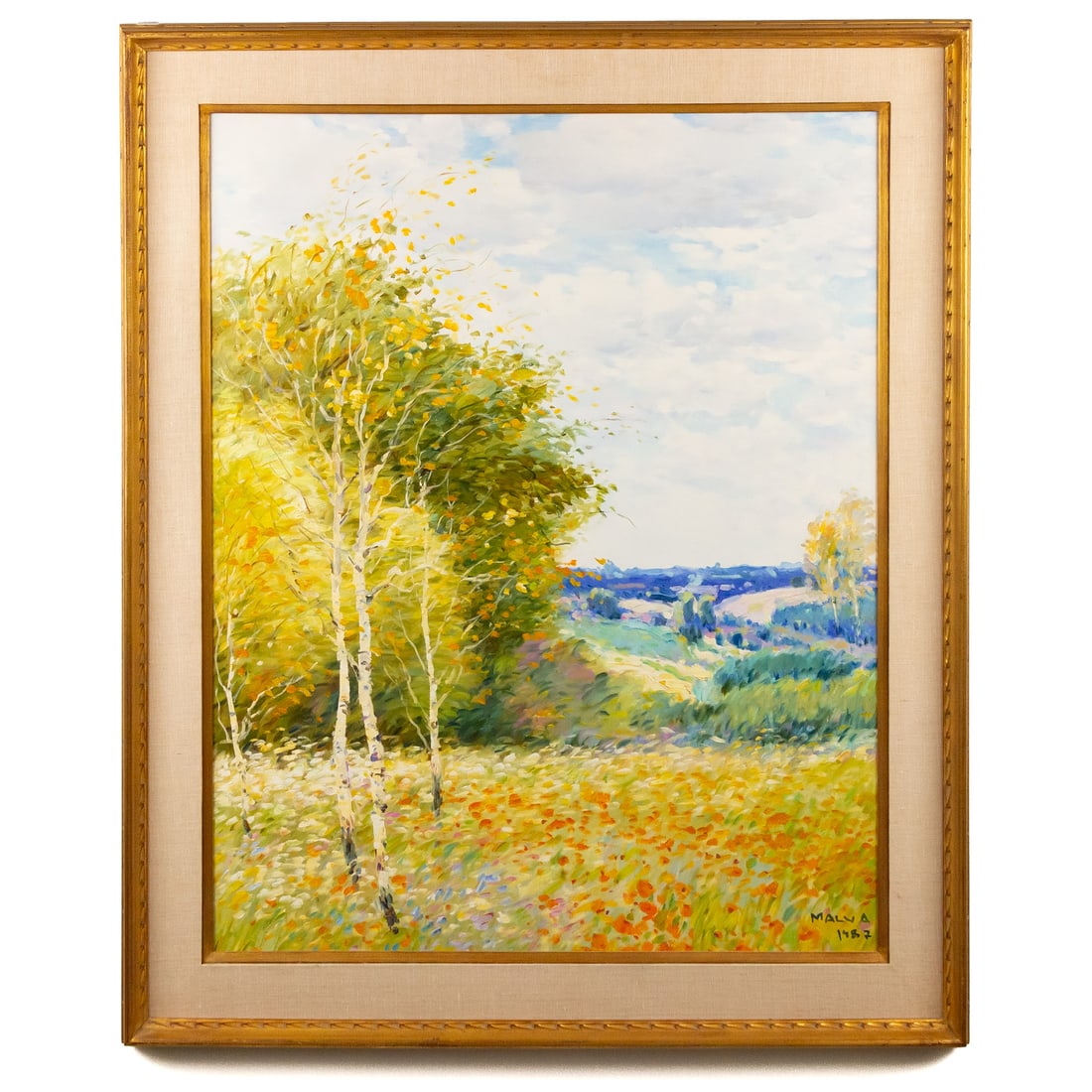 Malva Omar Handi. "Birch Trees," oil: (Syrian, 1951-2015) Oil on canvas, signed and dated "Malva, 1987" lr, sight size: 36 1/4 x 28 3/4 in., framed size: 43 1/4 x 35 3/4 in. Provenance: From a private Maryland collection
