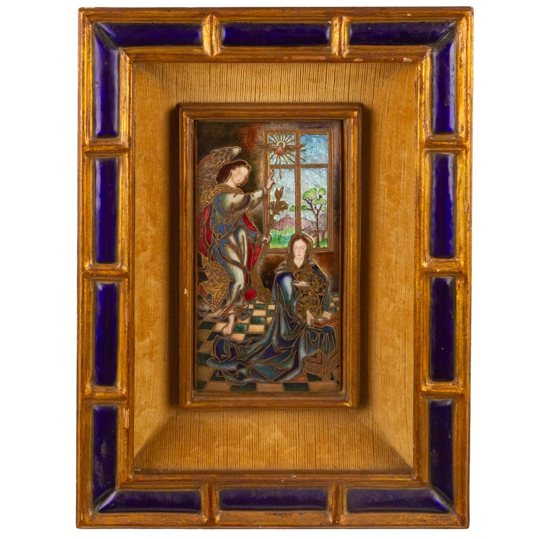 Continental Enamel Plaque of the Annunciation: Probably French, early 20th century, sight size: 8 x 4 1/4 in., framed size 14 1/2 x 11 in. Provenance: From a private Maryland collection