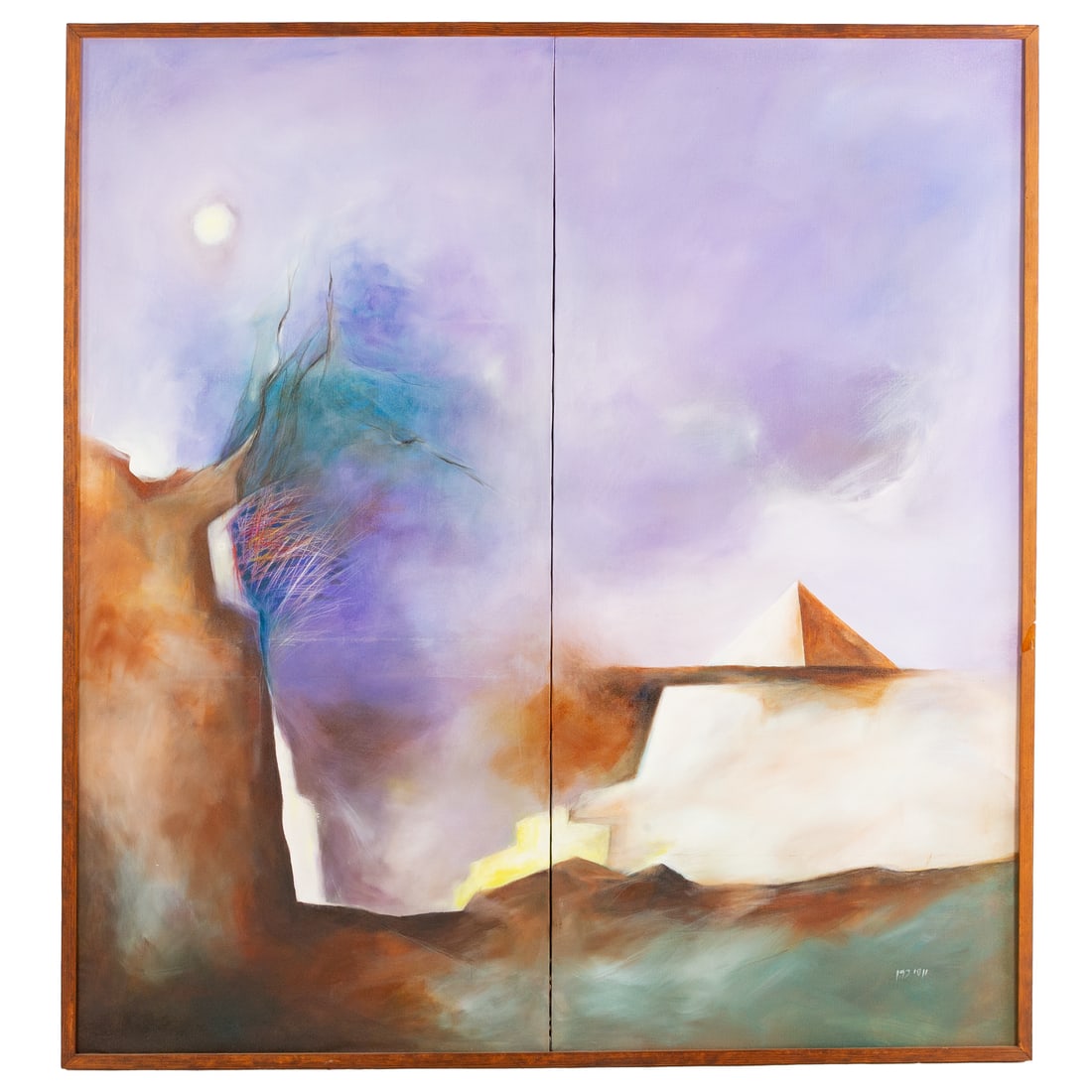 Yossi Cohen. Abstract Diptych Landscape, oil: (Israeli, 20th century) Oil paint on a pair of canvases presented together in a single frame, signed "Yossi Cohen" in Hebrew lr, sight size: 58 1/2 x 54 1/2 in., framed size: 60 1/4 x 56 in.