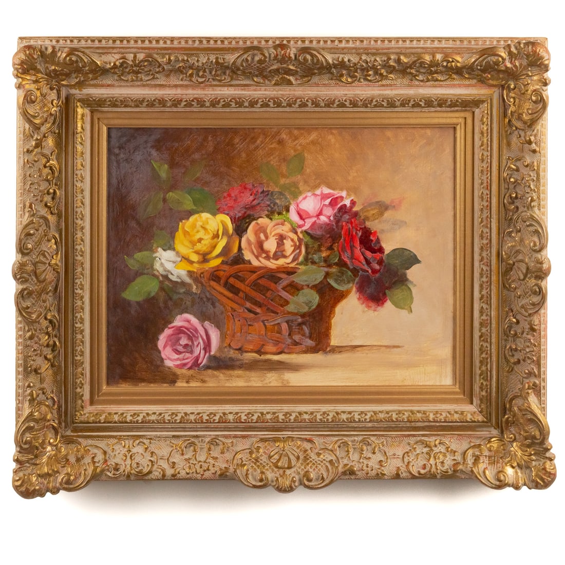 Jacques Maroger. Roses in a Basket, oil: (French, 1884-1962) Oil on board, unsigned, sight size: 11 1/4 x 15 1/4 in., framed size: 19 1/4 x 24 in. Provenance: From the Estate of Jacques Maroger and his executor, Pierre Perrolle, placed for s