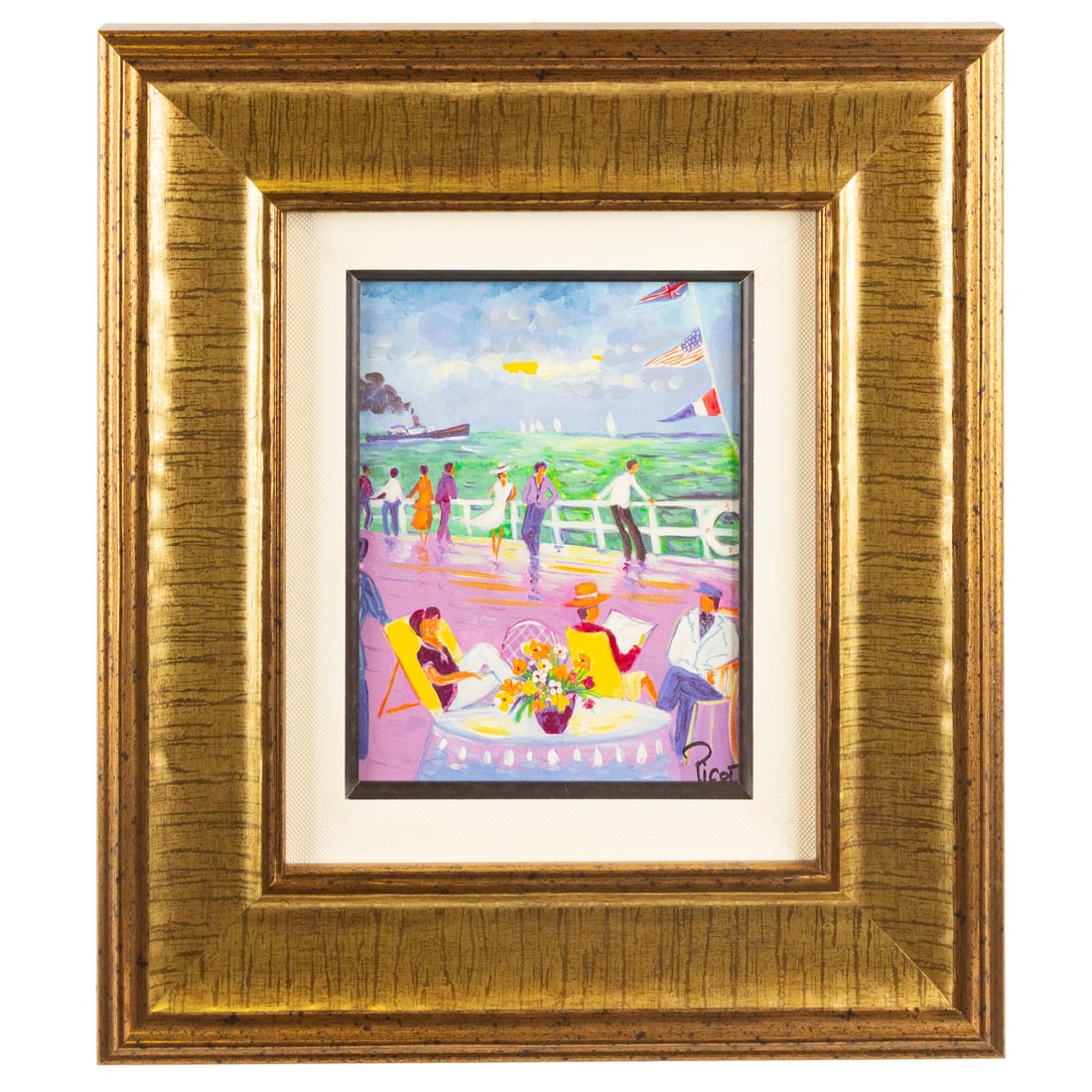 Jean-Claude Picot. "La Croisiere," seriolithograph: (French, 1933-2020) Seriolithograph in colors with hand embellishment on canvas, 2004, from the hors commerce proof edition of 450, image size: 9 1/16 x 7 in., framed size: 17 1/2 x 15 1/4 in.