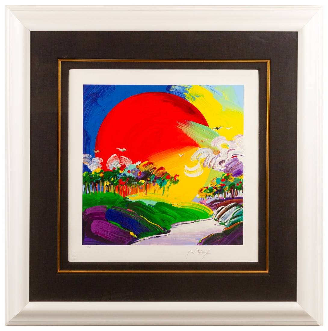 Peter Max. "Without Borders," serigraph: (German/American, b. 1937) Serigraph in colors, ed. 341/350, pencil signed "Max" lr, blindstamp ll, image size: 16 x 15 1/2 in., framed size: 31 1/2 x 31 1/4 in. Provenance: Private collection of a Pe