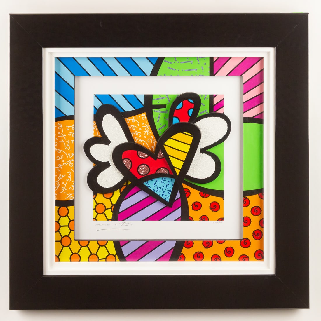 Romero Britto. "Flying Heart," sculptograph: (Brazilian, b. 1963) Sculptograph three dimensional multi-media construction with archival UV ink and hand-applied diamond dust, from the D Arabic numbered edition of 200, ed. 102/200, 2020, pencil