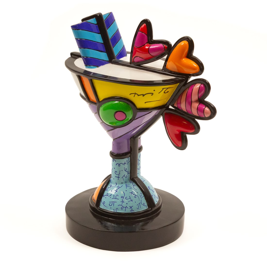 Romero Britto. "Party Time," resin sculpture: (Brazilian, b. 1963) Hand painted resin sculpture, 2020, from the Arabic numbered edition of 500, ed. 68/500, signed in black "Britto" at top, 9 3/4 in. H, 8 in. W, 5 1/2 in. D Provenance: Acquired