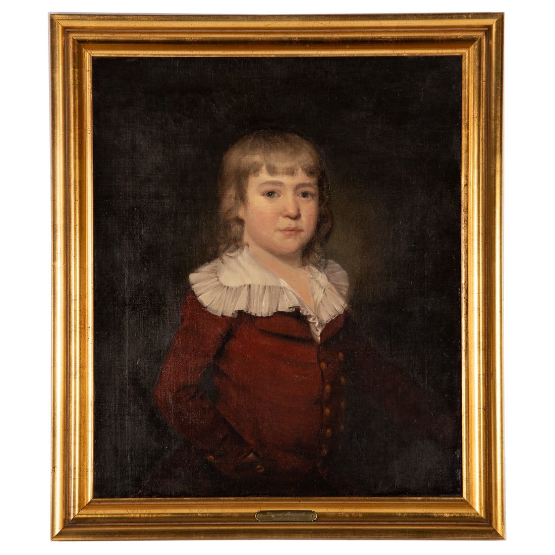 Attributed to John Opie. Portrait of Vicount Morpeth, oil: (Late 18th/early 19th century) Oil on canvas, unsigned, brass nameplate affixed to frame attributing the sitter as "Vicount Morpeth" and the artist as "Opie," sight size: 35 x 20 3/4 in., framed