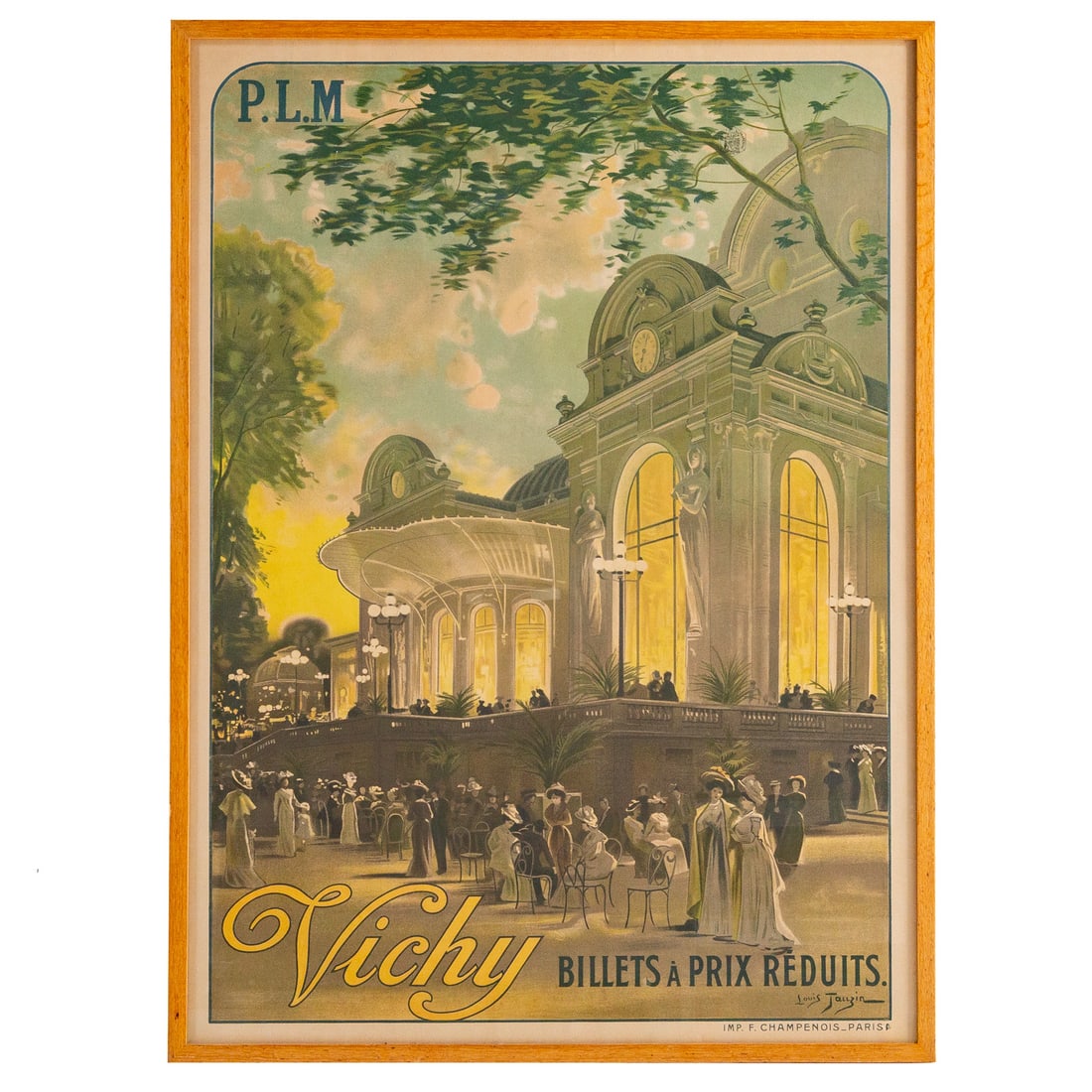 Louis Tauzin. "Vichy/PLM," vintage travel poster: (French, c.1842-c.1915) Lithograph in colors, signed in plate "Louis Tauzin" lr, stamped in black "Republique Francaise Seine" ur, "Vichy" printed in yellow, poster printed by Imp. F. Champenois,