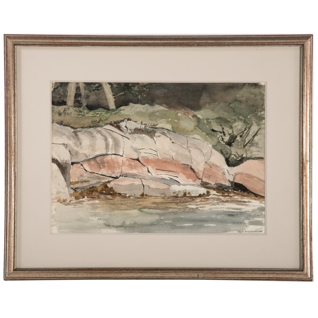 Ann Wyeth McCoy. Rocky Shoreline, watercolor: (American, 1915-2005) Watercolor on paper, signed lr, sight size: 14 1/2 x 20 1/2 in., framed size; 23 1/2 x 29 1/2 in. Provenance: From a private Delaware estate/collector