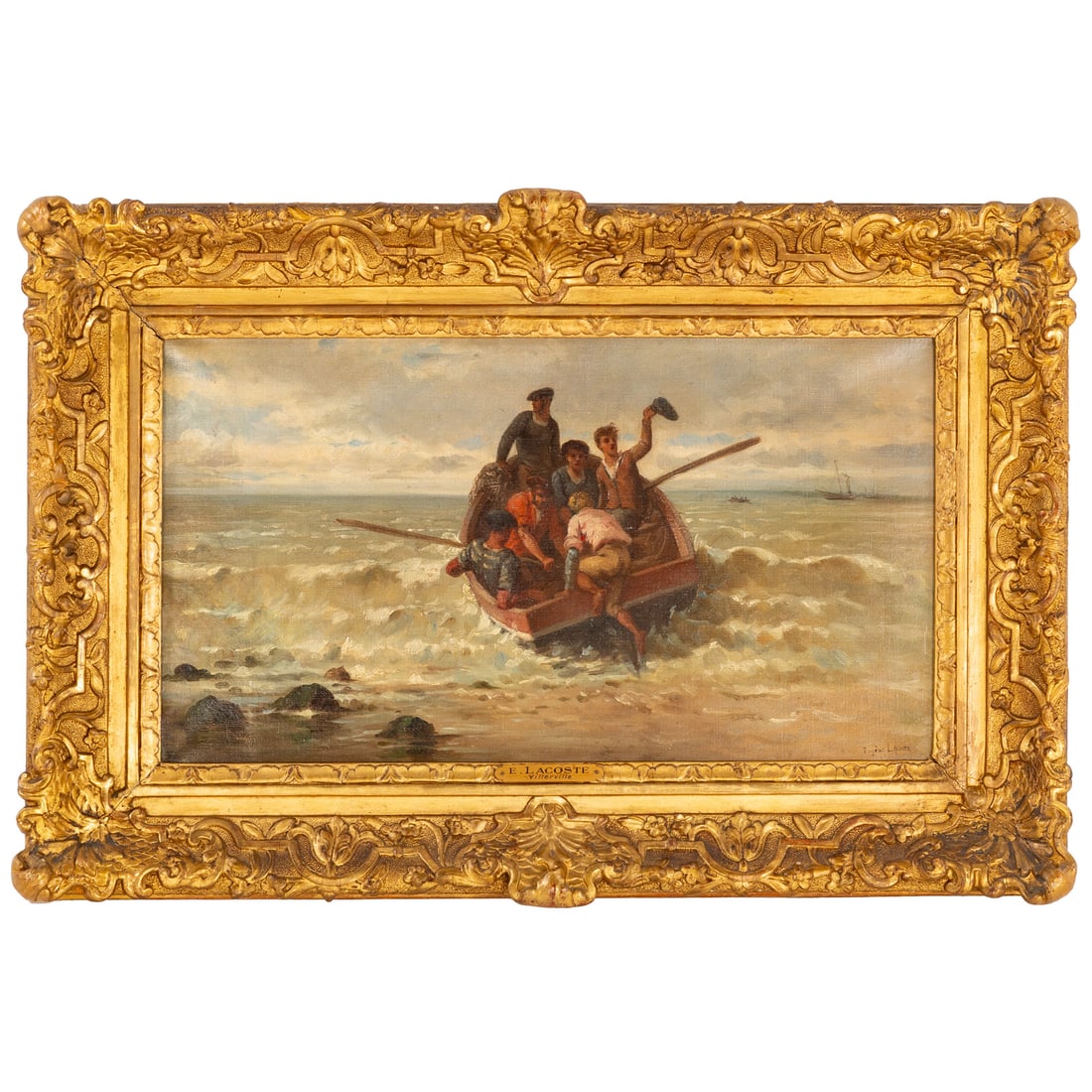 Pierre Eugene Lacoste. "Villerville," oil: (French, 1818-1908) Oil on canvas, signed "Eugene Lacoste" lr, with an additional signature and title on verso, sight size: 12 1/2 x 22 in., framed size: 19 1/2 x 29 1/2 in. Provenance: From a