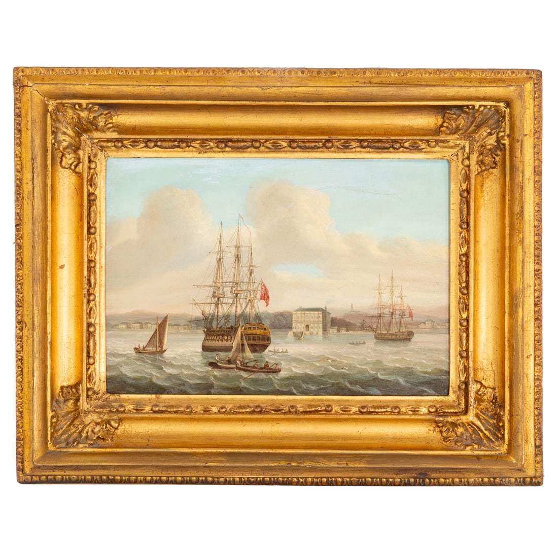 Attributed to William Adolphus Knell. Ships in Port, oil: (English, 19th century) Oil on board, unsigned, sight size: 8 1/2 x 12 1/2 in., framed size: 15 1/2 x 19 1/2 in. Provenance: From a private Delaware estate/collector