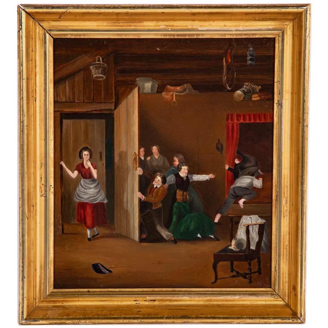 American Primitive. "Practical Joke," oil: (American, Mid-19th century) Oil on canvas, unsigned, information on verso, sight size: 15 3/4 x 13 3/4 in., framed size: 19 1/2 x 17 3/4 in. Provenance: From a private Delaware estate/collector