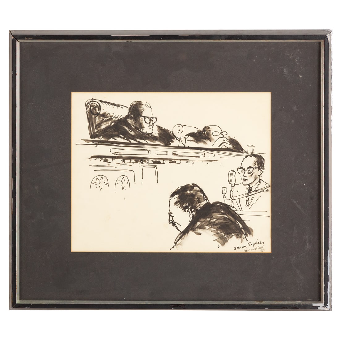 Aaron Sopher. "Zantzinger Trial," pen & ink: (American, 1905-1972) Pen and ink on paper, 1963, signed and dated lr, sight size: 10 x 12 1/2 in., framed size: 17 1/2 x 20 1/4 in. Provenance: From a private collection, Owings Mills, MD