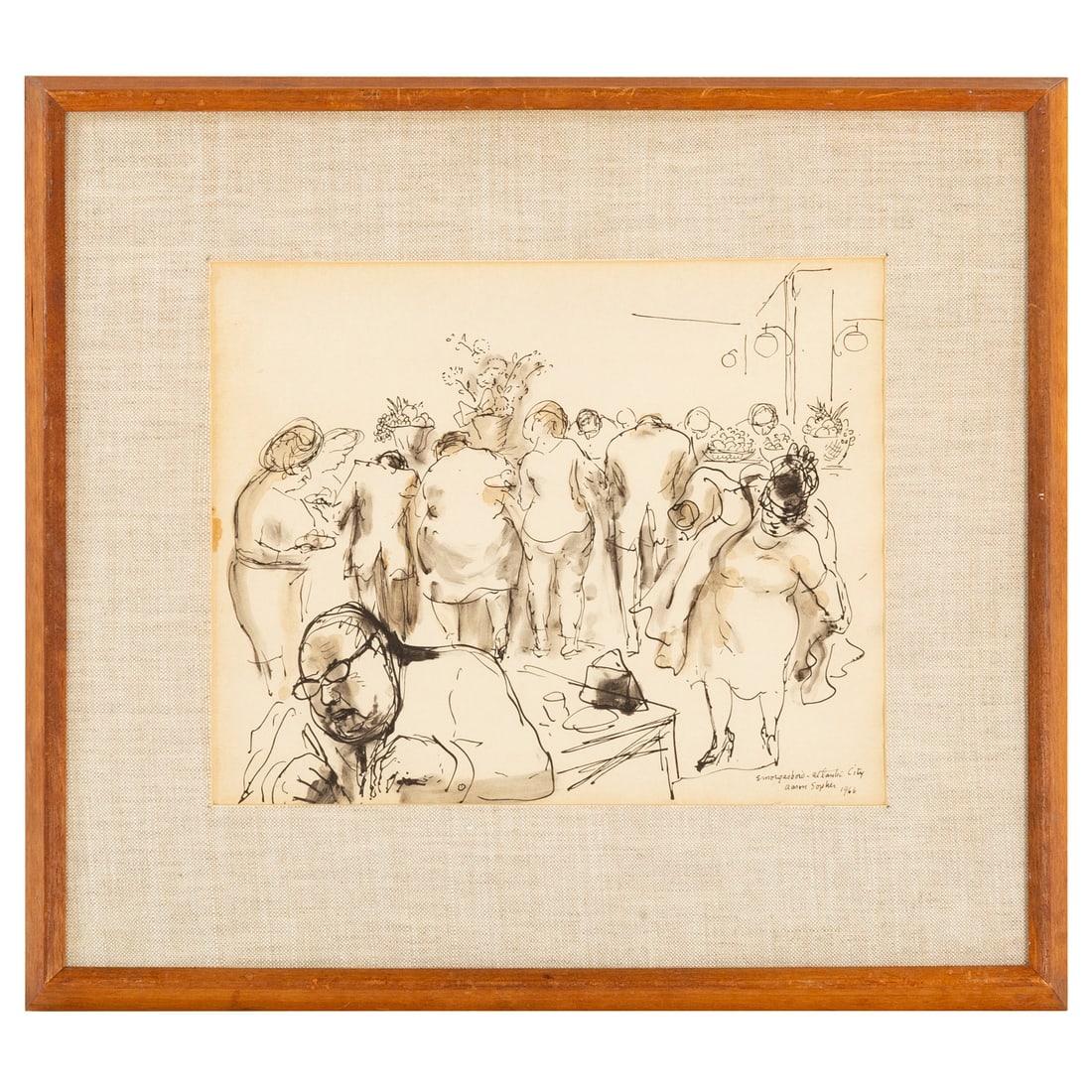 Aaron Sopher. "Smorgasbord-Atlantic City," pen & ink: (American, 1905-1972) Pen and ink on paper, 1966, signed, titled, and dated "Aaron Sopher" lr, further identifying information on verso, sight size: 11 x 13 1/2 in., framed size: 19 x 21 1/2 in.