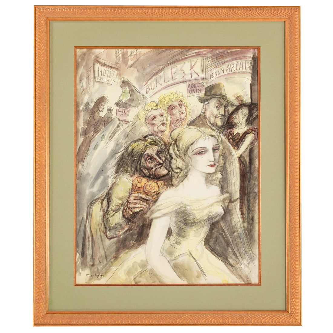 Aaron Sopher. "Burlesk," mixed media: (American. 1905-1972) Ink and watercolor on paper, signed ll, sight size: 22 1/4 x 17 1/4 in., framed size: 30 1/4 x 25 1/2 in. Provenance: From a private collection, Owings Mills, MD