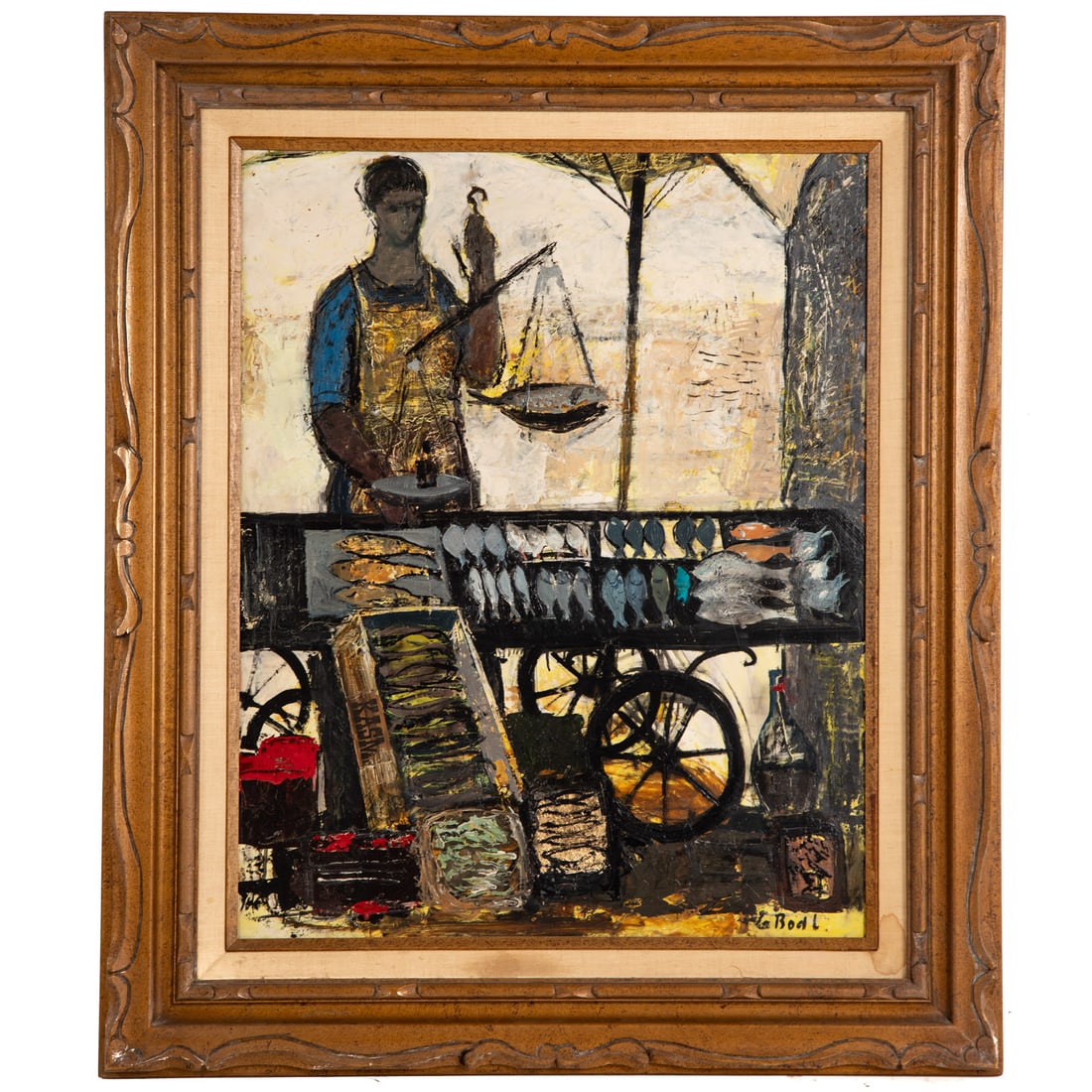 G. Bodl. MCM Fish Monger, oil: (20th century) Oil on board, signed "G. Bodl" lr, sight size: 29 x 23 in., framed size: 39 1/2 x 33 1/2 in. Provenance: From the Estate of Drs. Ruth and John Singer, Baltimore, MD