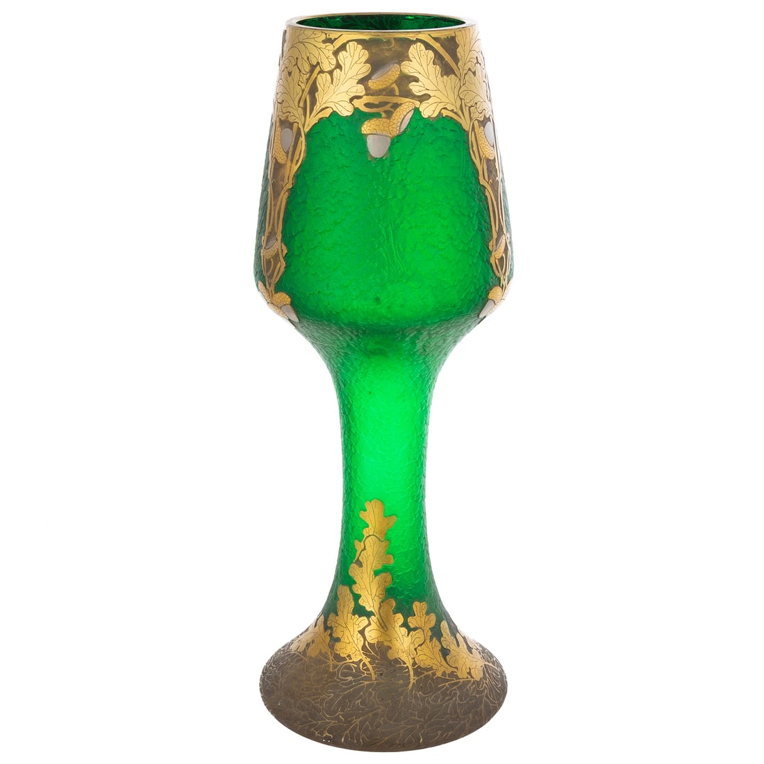 A Mont Joye Art Nouveau Chalice Vase: (French, early 20th century) A frosted green enameled glass Art Nouveau Mont Joye chalice vase with gilt acorn and leaf motifs, marked "Mont Joye" on bottom, 17 in. H, approx. 6 1/2 in. Diam.