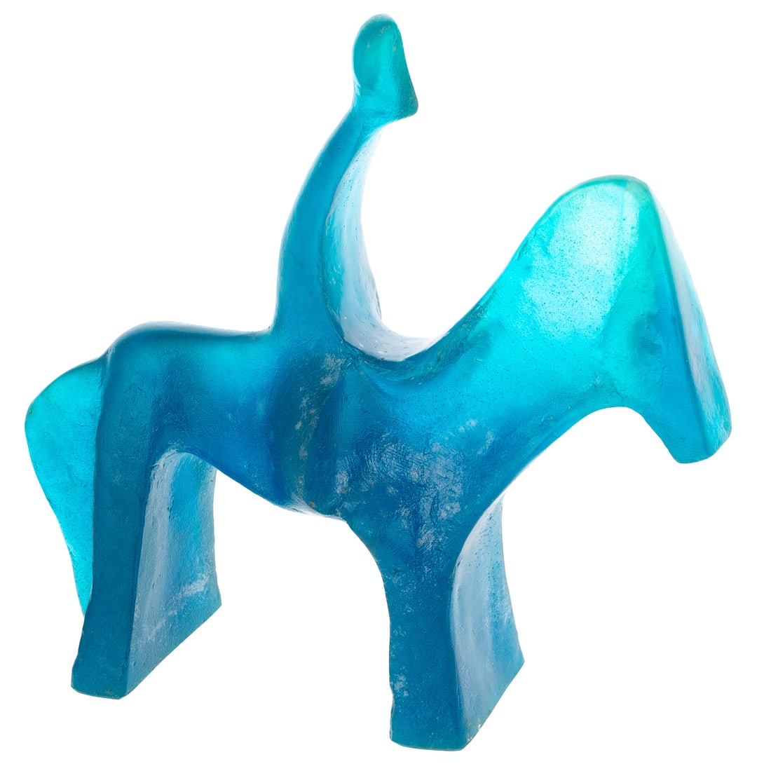 Claude Wetzstein for Daum Pate De Verre Sculpture: Claude Wetzstein (France, early 20th century) A Daum Pate de Verre blue art glass sculpture of a horse and rider, raised signature "C. Wetzstein," marked "Daum," ed. 47/75, 10 1/2 in. H, 10 3/4 in. L,