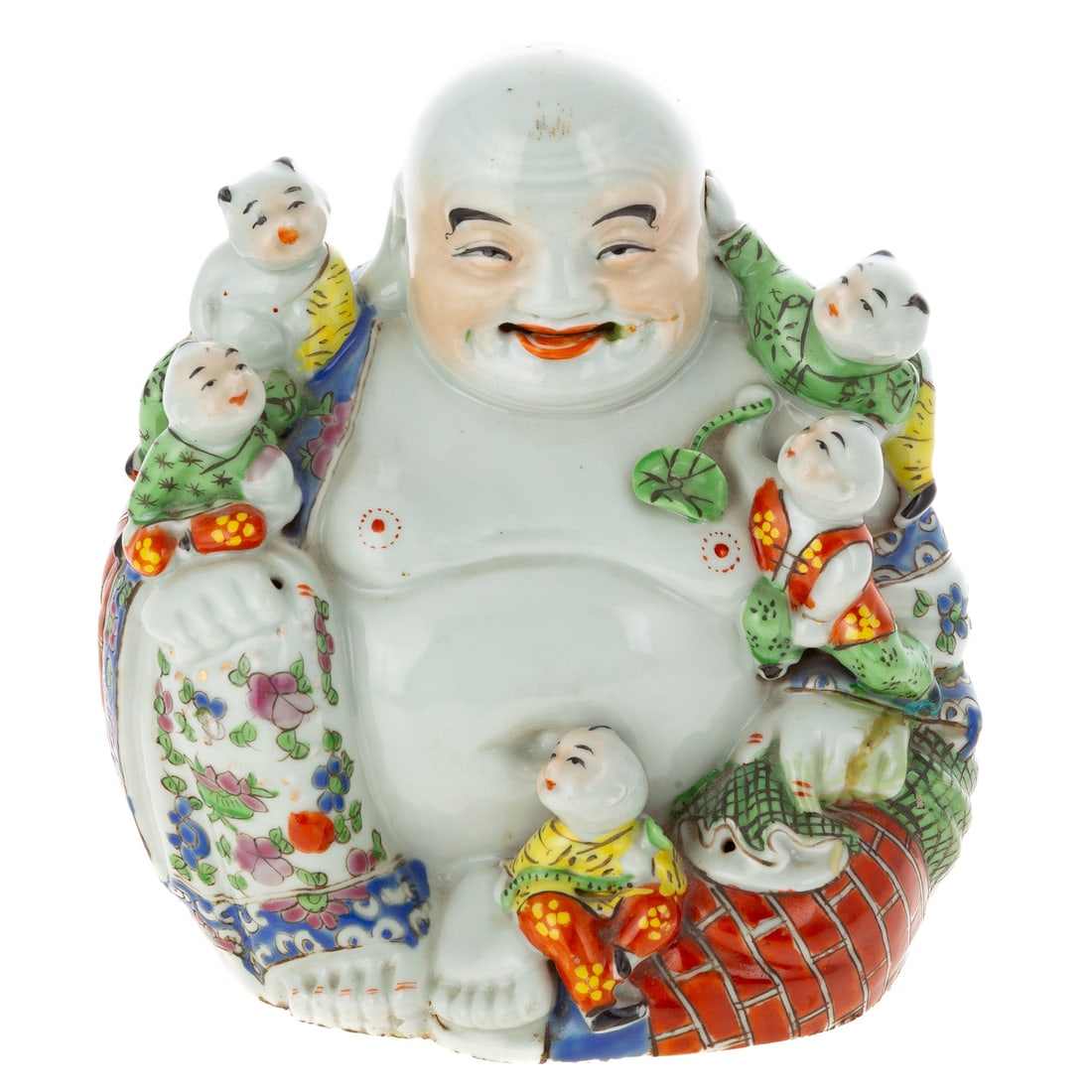 A Chinese Famille Rose Budai with Children: A Chinese porcelain Famille Rose Budai surrounded by five children, unmarked, 7 3/4 in. H, approx. 7 1/4 in. W, 5 in. D
