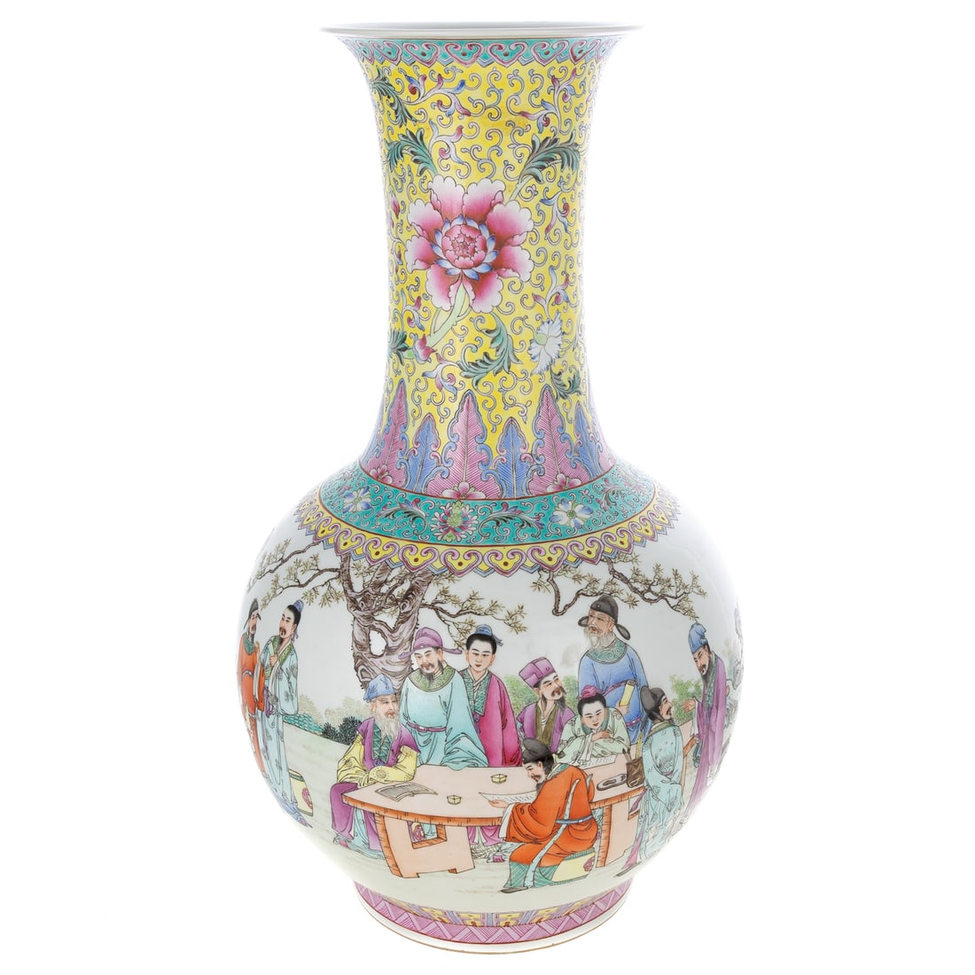 A Chinese Famille Rose Porcelain Vase: 20th century, a white and yellow ground Chinese Famille Rose porcelain bottle vase depicting outdoor scenes and script, with a red Qianlong mark on bottom, 16 1/2 in. H, approx. 9 1/2 in. Diam.