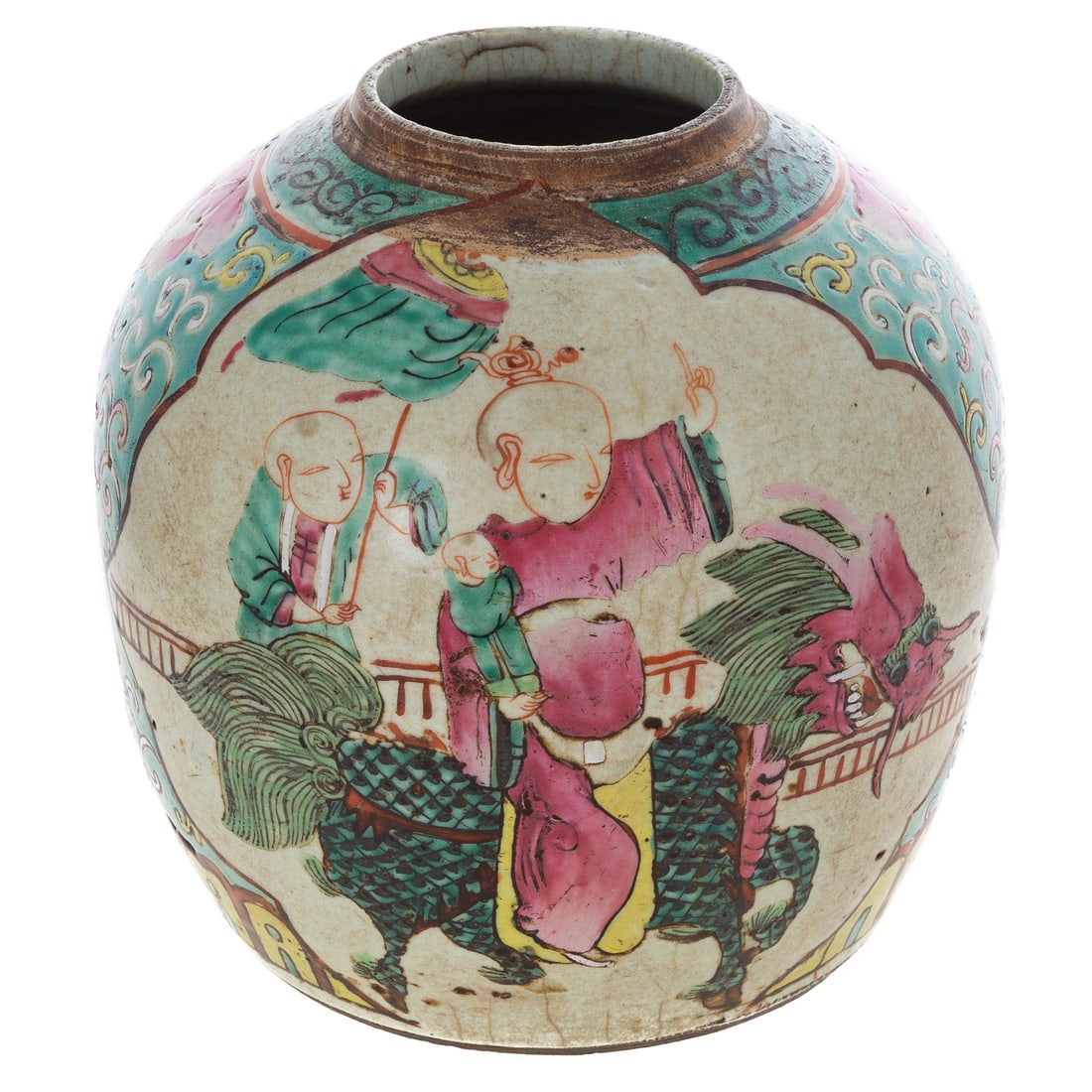 A Chinese Famille Rose Ginger Jar: A Chinese Famille Rose porcelain ginger jar depicting an Immortal riding a Qilin with attendants following, with wax seal on bottom, 8 1/4 in. H, approx. 8 1/2 in. Diam.
