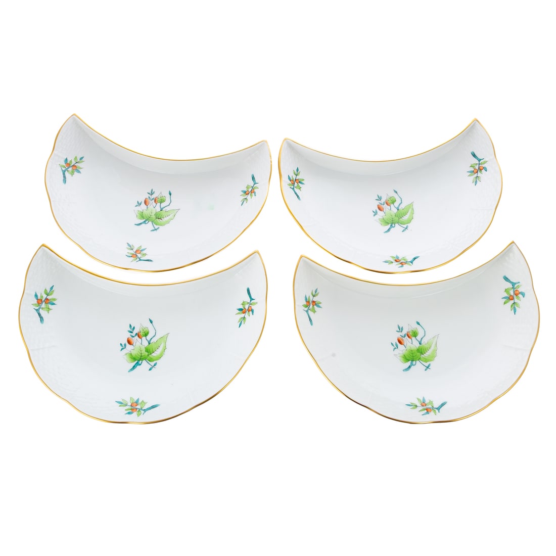Four Herend "HER16" Crescent-Shaped Plates: Four Herend porcelain crescent-shaped plates in the "HER16" pattern, with hand-painted branches with orange fruit and leaves, and gilt trim, approx. 1 1/4 in. H, 8 in. L, 5 3/4 in. D