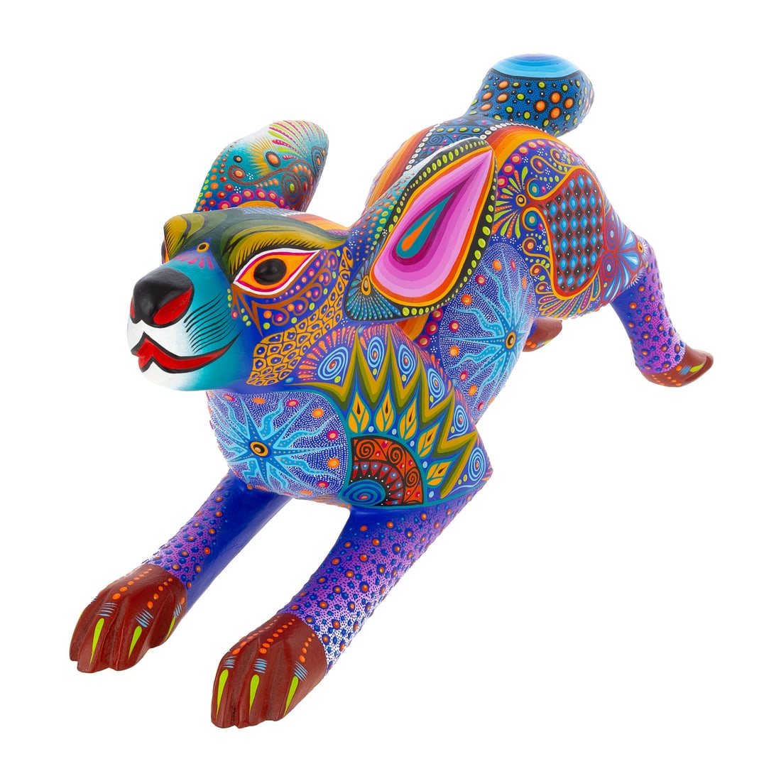 Oaxacan Alebrije Hare by Luis Sosa Calvo: (Oaxaca Mexico) A hand painted and carved wood Oaxacan Alebrije hare figure by Luis Sosa Calvo, signed and marked on bottom, 7 in. H, 14 3/4 in. L, 5 in. W