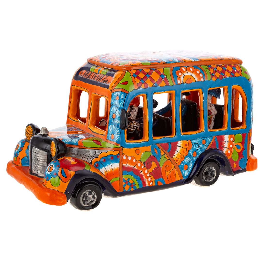A Gerardo Garcia Mexican Talavera "Il Panteon": Gerardo Garcia (Mexico, b.1970) A hand painted ceramic talavera Day of the Dead Bus titled "Il Panteon," signed on bottom, 9 3/4 in. H, 17 1/2 in. L, 9 1/2 in. W