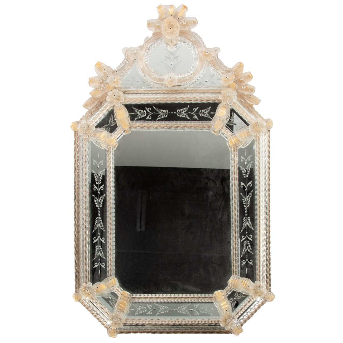A Venetian Murano Glass Mirror: A Venetian Murano glass mirror, mirror framed in etched glass and edged with clear Murano glass flowers and leaves, unmarked, 44 x 27 in.