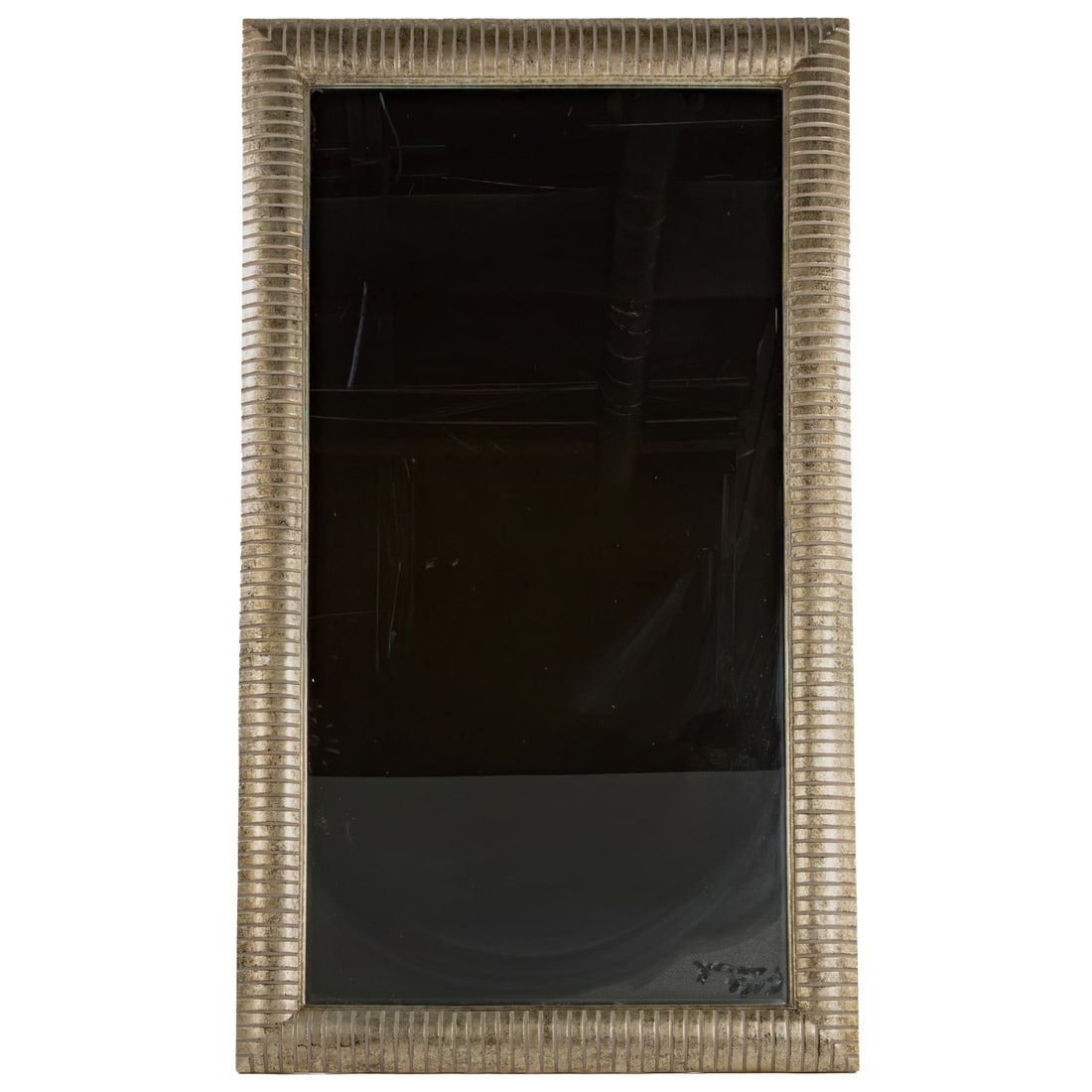 A Large Contemporary Mirror: A grey and silvered composite wood contemporary mirror, with hanging hardware on the back, unmarked, 48 1/4 x 84 in.