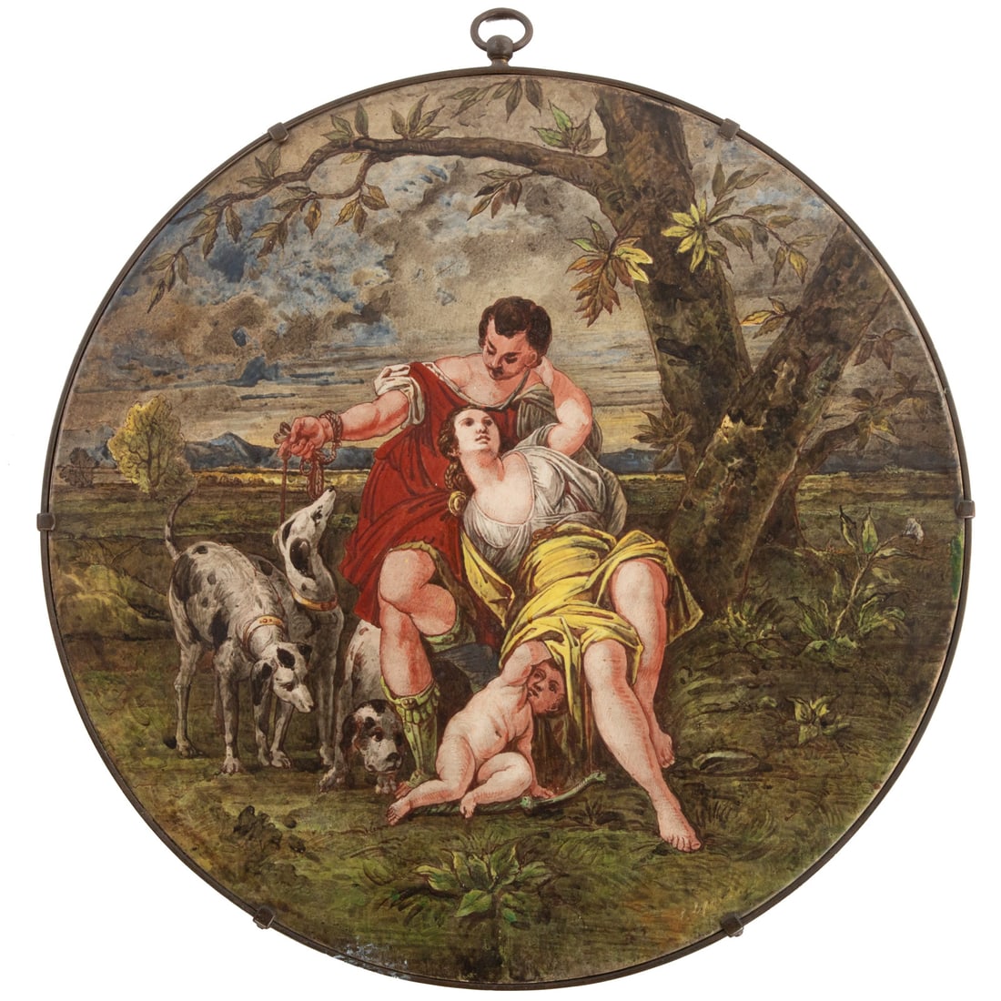 An Italian Glazed Porcelain Venus & Adonis Plaque: A round glazed porcelain plaque depicting a scene of Venus and Adonis set in metal frame, 1 1/4 in. D, approx. 20 1/2 in. Diam.