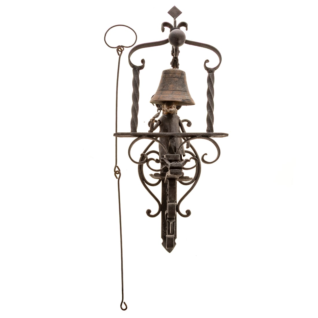Folk Art Wrought Iron Figural Door Bell Ringer: 20th century, a wrought iron folk art figural door bell ringer depicting a man standing on dragon holding a chain attached to the bell, 19 1/2 in. H, 8 1/2 in. W, 11 1/2 in. D