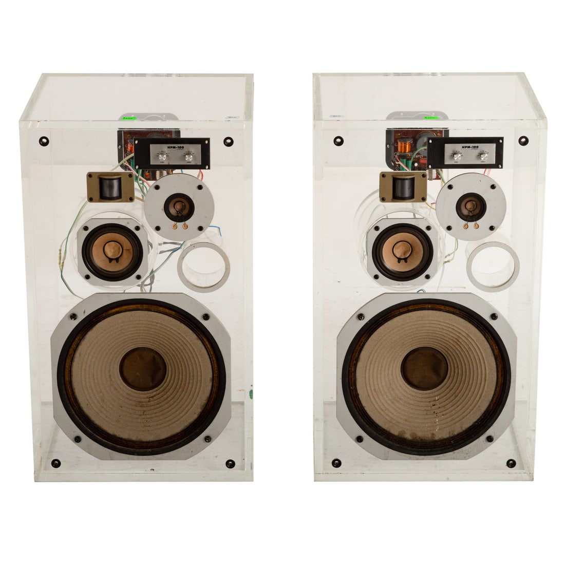 A Pair of Pioneer HPM-100 Lucite Speakers: A pair of translucent lucite Pioneer HPM-100 speakers, 26 in. H, 15 1/2 in. W, 14 1/4 in. D