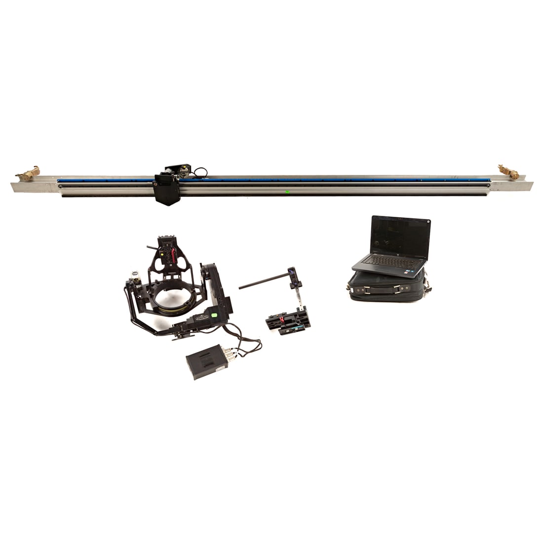 Mark Roberts Motion Control Equipment: Comprising motor driver, head frame, HP laptop with Flair software and charger, and a rail. Rail measuring: approx. 12 feet long overall, 11 1/2 in. W