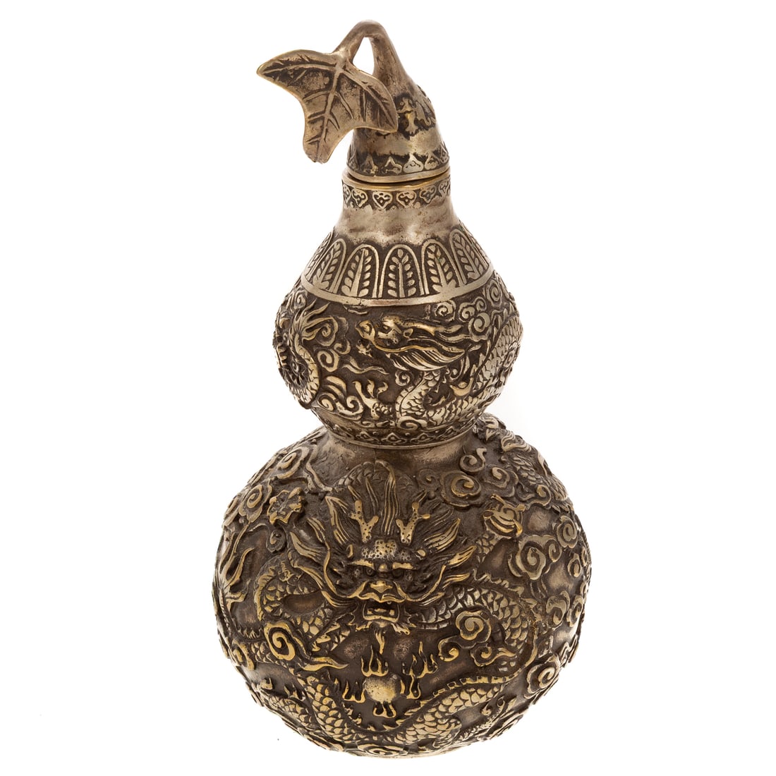 A Chinese Silvered Dragon Double-Gourd: A silvered metal Chinese lidded double-gourd with raised relief dragon and flaming pearl motifs, 7 3/4 in. H, 4 in. Diam.