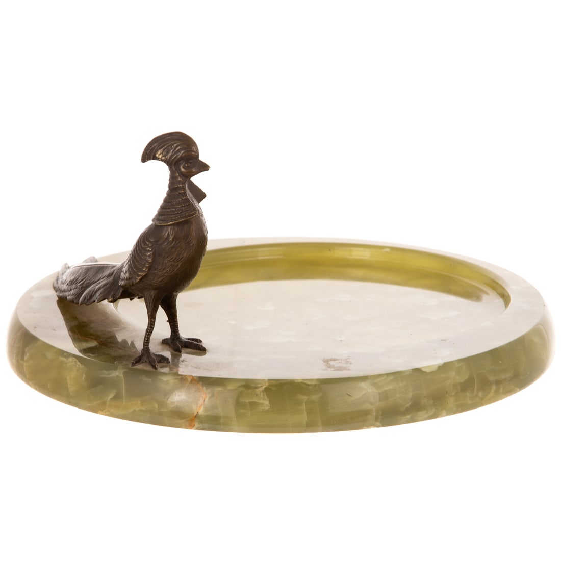 A Cold Painted Bronze Pheasant Onyx Tray: An Austrian cold painted bronze and onyx desk tray, marked Germany on rivet on bottom, 5 1/2 in. H, approx. 11 in. Diam.