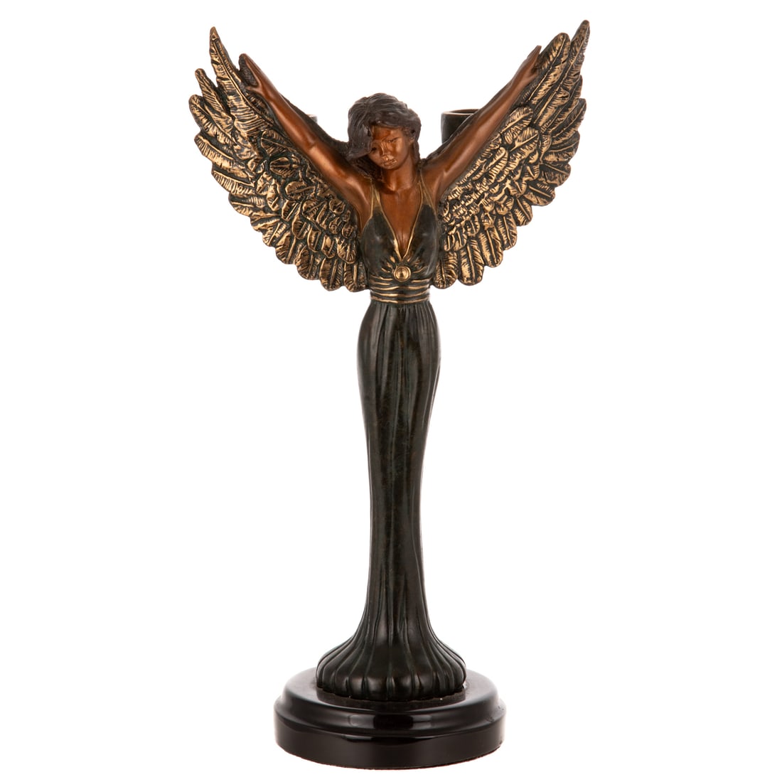 Cesar G. Alarcon. Angel Candelabra, bronze: (Mexican, 20th century) A patinated bronze of an angel candelabra with her arms stretched to the sky, signed "Icarus" 1992, #225/1200, 12 1/2 in. H, 7 in. W Provenance: Private collection of a