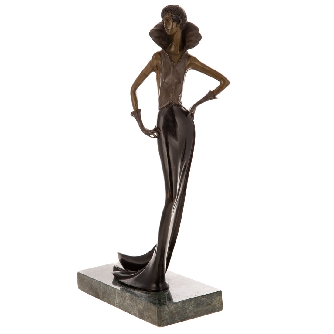 After Demetre Chiparus. "Baroness," bronze: After Demetre Chiparus (Romanian, 1888-1950) "Baroness," a bronze sculpture of an Art Deco style woman standing with her hands on her hips, signed "Chiparus" at bottom, on green marble base, 18 3/4