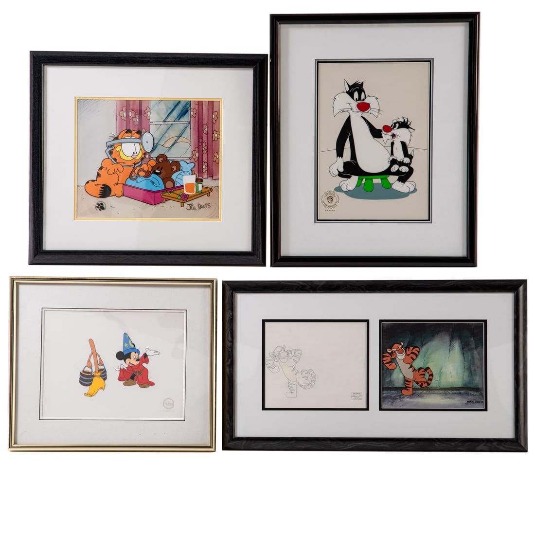 Four Animation Cels: Includes "Bouncy Trouncy Tigger" Disney cel from Winnie the Pooh the Blustery Day, includes COA, framed size: 16 1/4 x 28 1/2 in.; limited edition "Fantasia" depicting Mickey Mouse as the Sorcerer's
