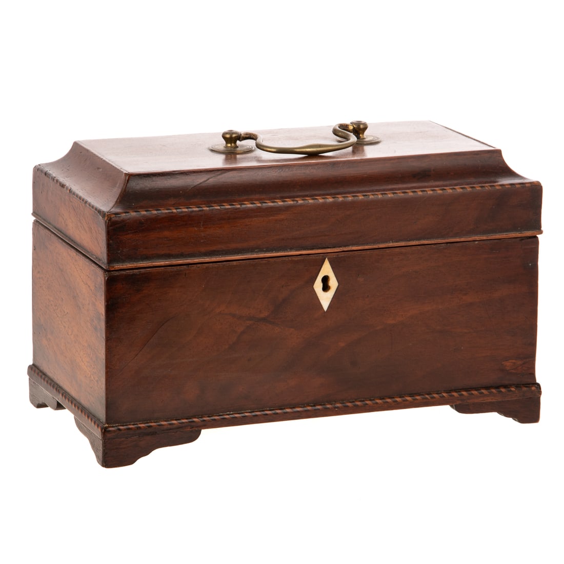 An English Mahogany Inlaid Tea Caddy: 19th century, a Georgian style Mahogany footed tea caddy with parquetry trim, diamond-form inlay escutcheon, and brass hardware, includes three interior canisters and key, 6 1/4 in. H, 9 1/2 in. L,
