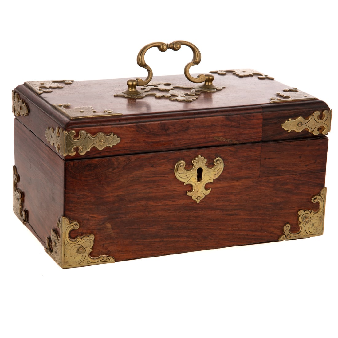 An English Georgian Rosewood Tea Caddy: Late 18th/early 19th century, a rosewood Georgian tea caddy with brass hardware, and two interior sections, 5 1/2 in. H, 9 3/4 in. L, 5 3/4 in. D Provenance: From the Estate of Robert A. Erlandson,