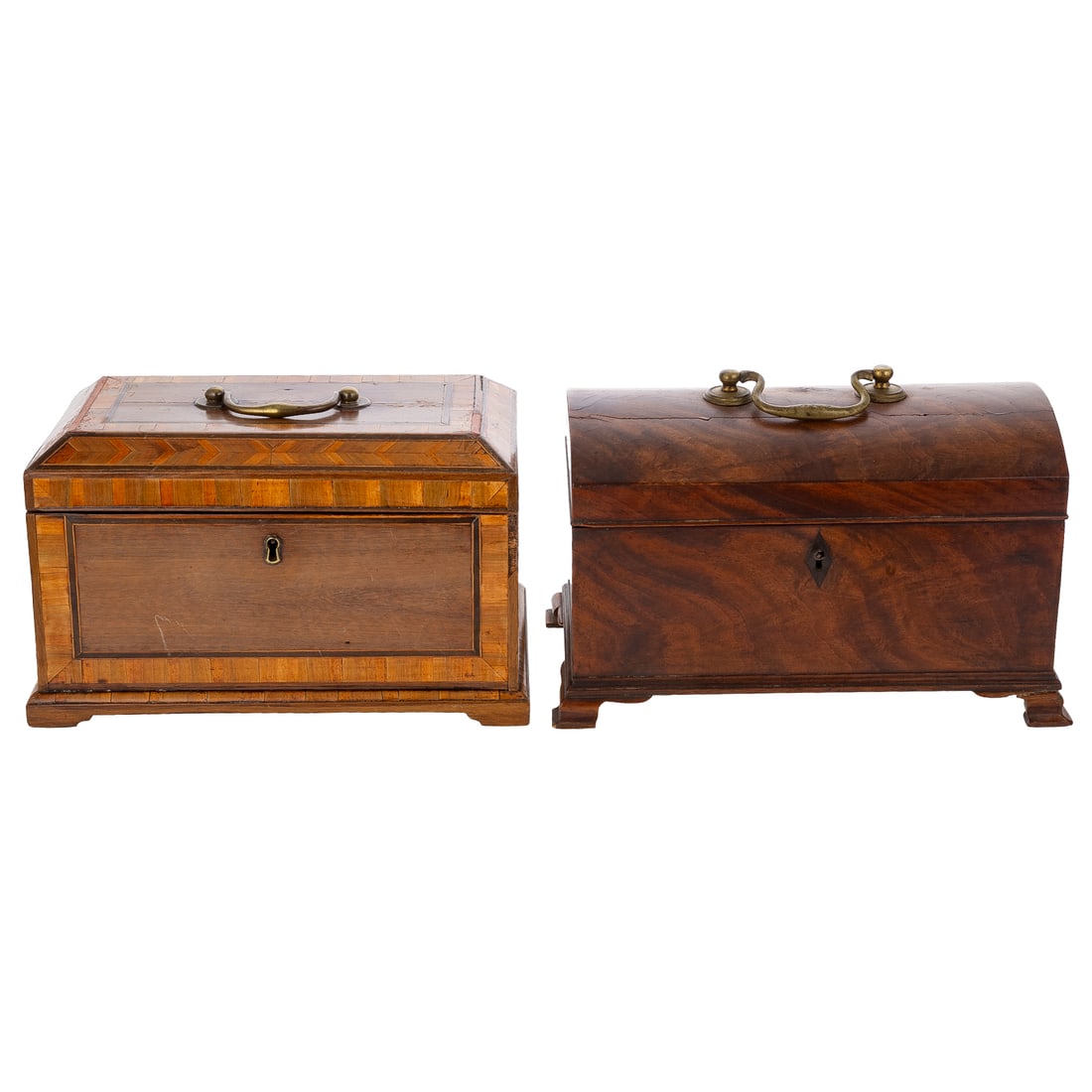Two 19th Century English Tea Caddies: Includes a 19th century mixed wood George III Tunbridge inlaid tea caddy with brass hardware, includes two lidded wooden box sections, 6 1/4 in. H, 9 3/4 in. L, 6 in. D; and a 19th century mahogany do