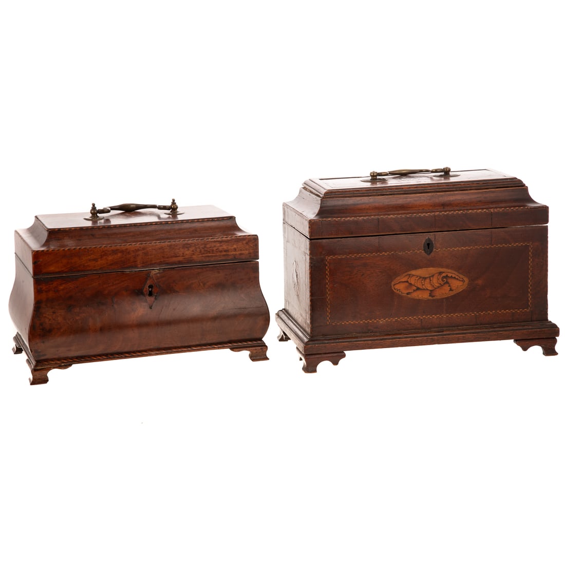 Two English Mahogany Inlaid Tea Caddies: Includes a Georgian mahogany tea caddy with brass hardware, marquetry shell at front and a flower on top of lid and on each side, parquetry framing the marquetry and trim at top, includes three canist