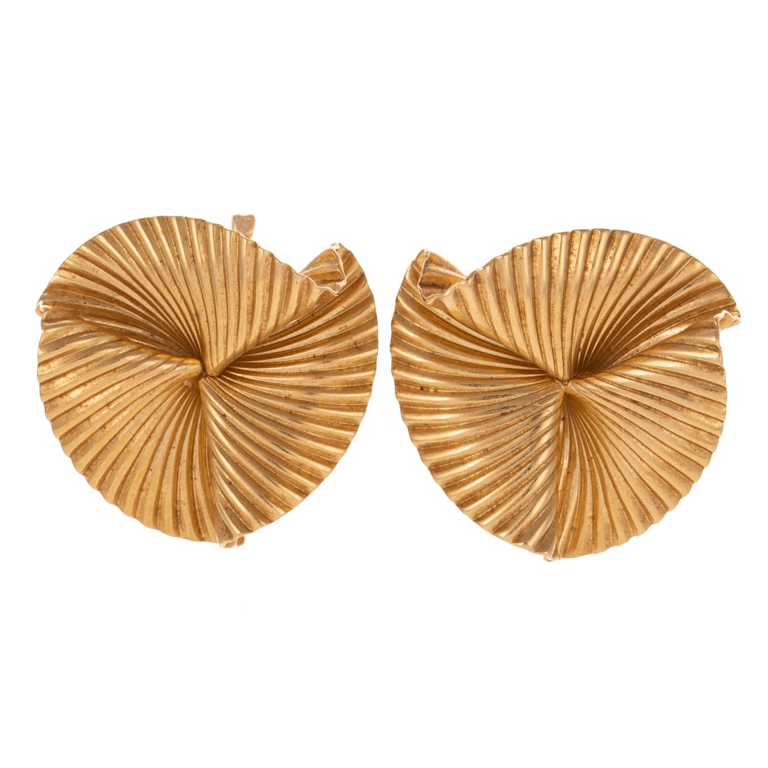A Pair of McTeigue Pin Wheel Ear Clips in 14K: 14K yellow gold ear clips by McTeigue & Co., of fluted pin wheel form, hinged clip backs, signed, 7/8 in. L, 10.4 grams Provenance: From the Estate of Louis B. McCarthy, Baltimore, MD