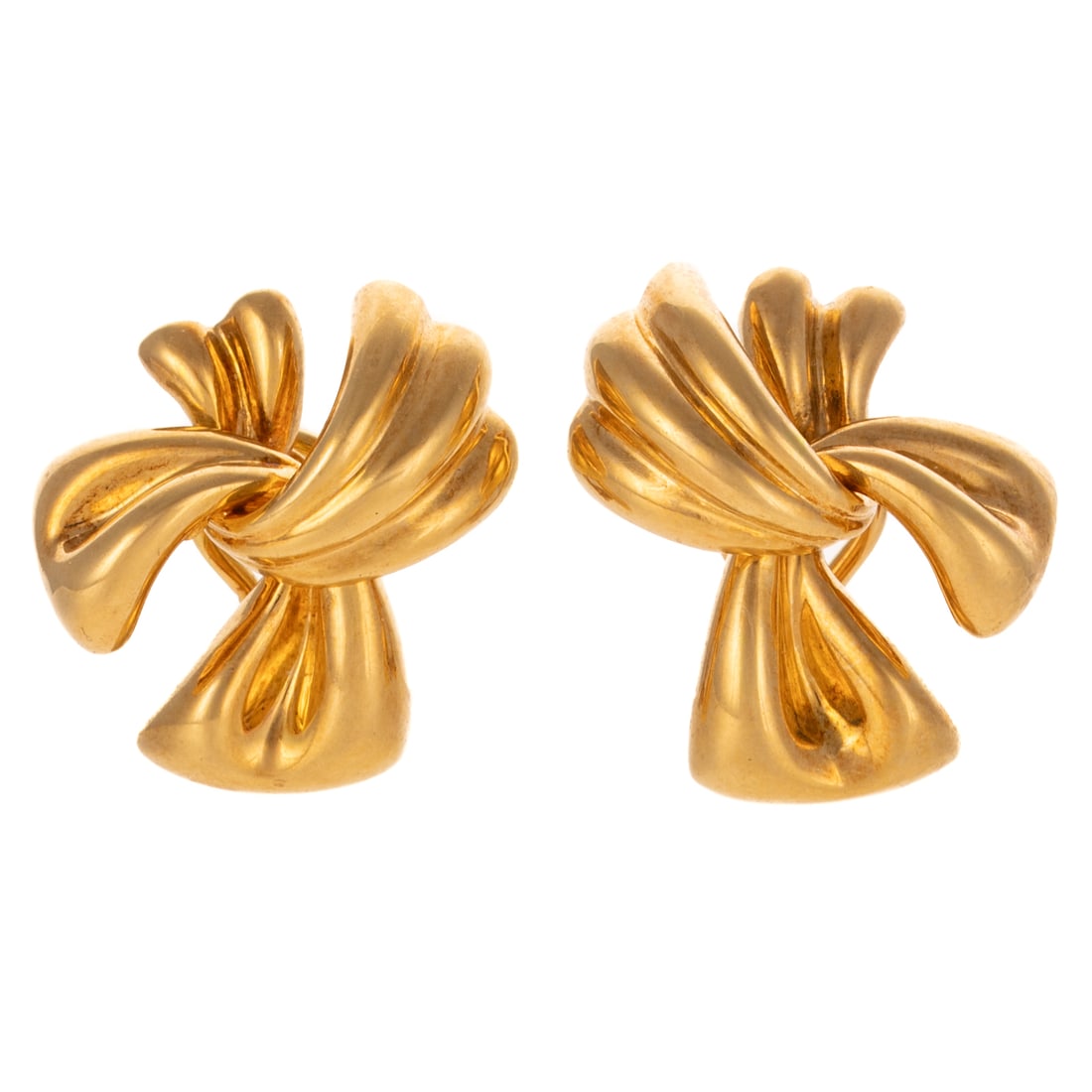 A Pair of Italian Drape Ear Clips in 18K: 18K yellow gold Italian ear clips featuring high polish and fluted drape work, Omega clip backs, signed "JMP," 1 in. L, 16.8 grams Provenance: From the Estate of Louis B. McCarthy, Baltimore, MD
